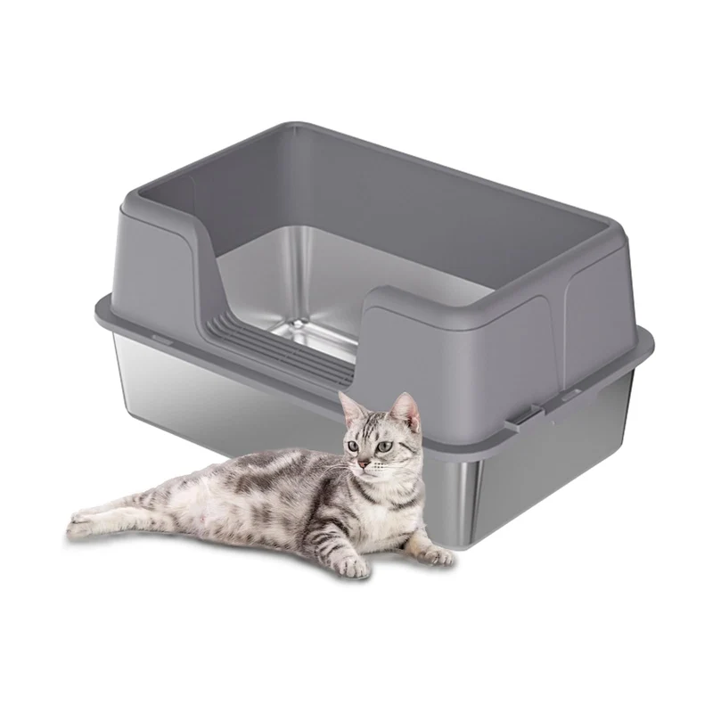 Garvee Caja De Arena Para Gatos Acero Inoxidable Con Accesorios Para Mascotas 60x40x31.5cm Gris