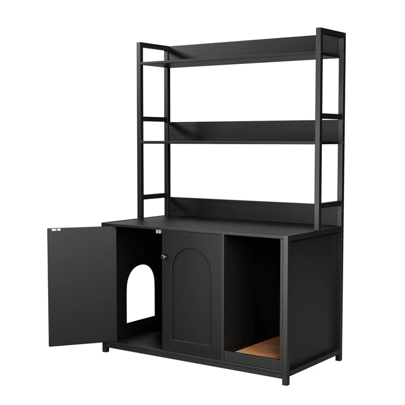 Garvee Mueble para caja de arena de gato de 132.08cm con estantes de almacenamiento, puertas dobles, entrada lateral, madera y metal, para hogar interior