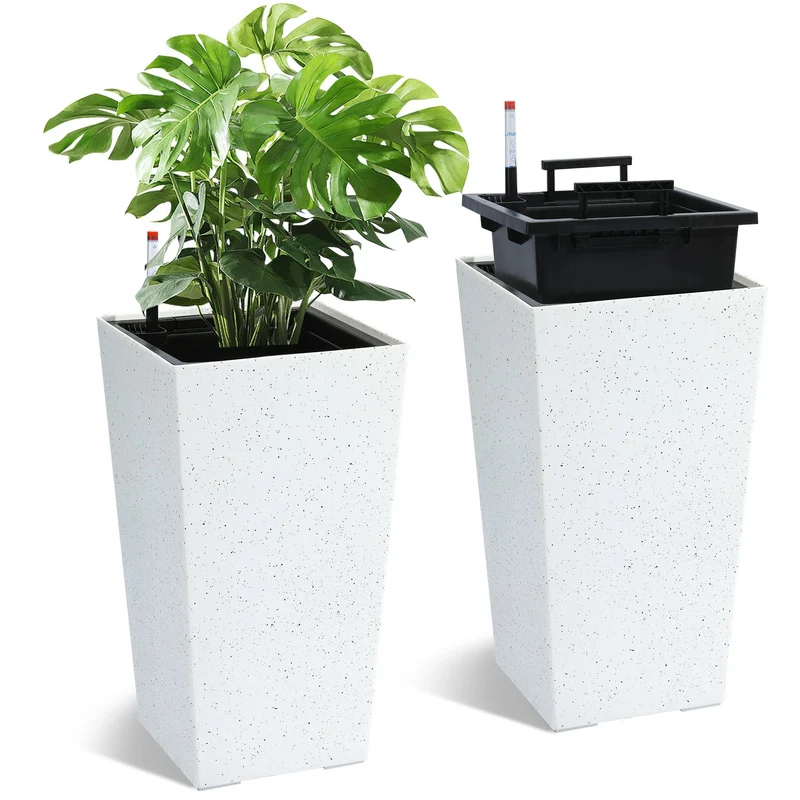 Garvee Macetas Rectangulares Altas 55 cm con Ruedas y Monitor de Agua, Plástico Durable, Drenaje Integrado, Diseño de Puntos para Interior y Exterior