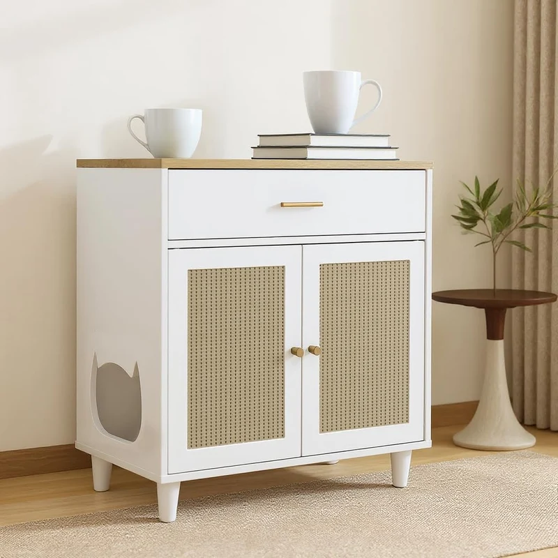 Garvee Mueble Escondite para Caja de Arena de Gato 2 en 1 con Rascador y Cajón, Madera Natural, Control de Olor y Ventilación, Ideal para Salones y Entradas, 77×38×50 cm