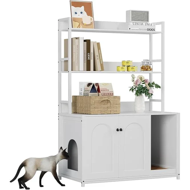 Garvee Mueble Arenero para Gatos con 2 Estantes y Alfombrilla Rascadora, Armario de Interior Multifuncional, Ahorro de Espacio, Blanco