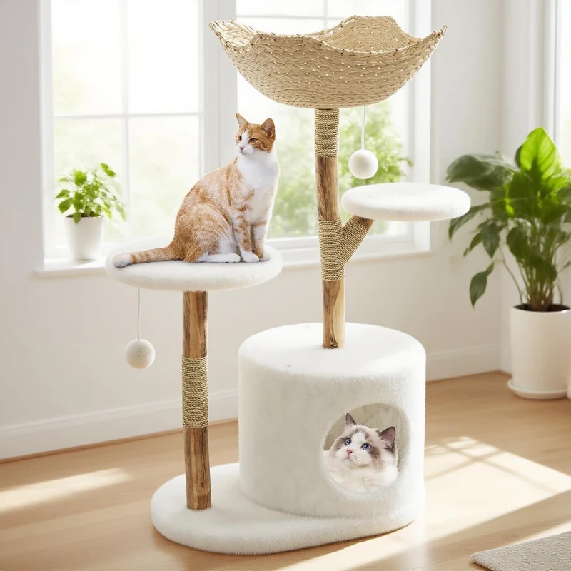 Garvee Torre para Gatos 117 cm Árbol Rascador de Madera y Ratán, Cama Cómoda, Diseño Moderno para Interiores, Natural, Estable, Multifuncional