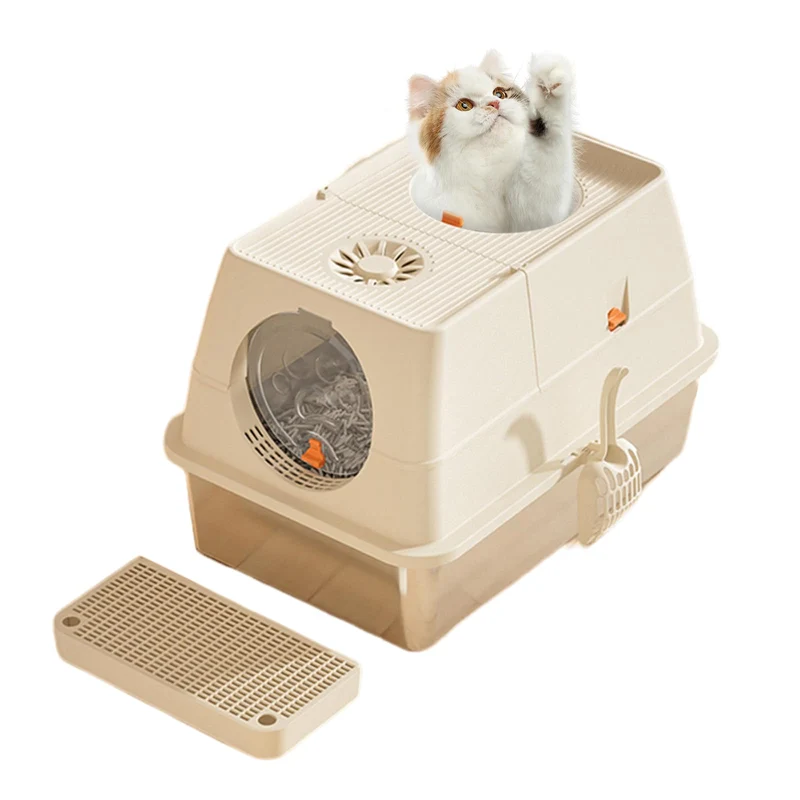 Garvee Caja De Arena Para Gatos De Acero Inoxidable Con Pedal Y Tapa, 60x40x39 cm, Khaki, Resistente Y Espaciosa