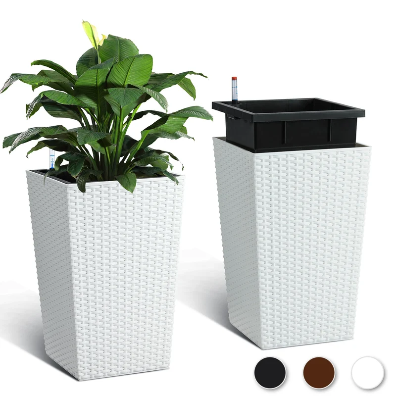 Garvee Macetero Alto 41 cm Set de 2 con Monitor de Agua y Ruedas, Rattan Blanco, Autorriego para Patio y Oficina