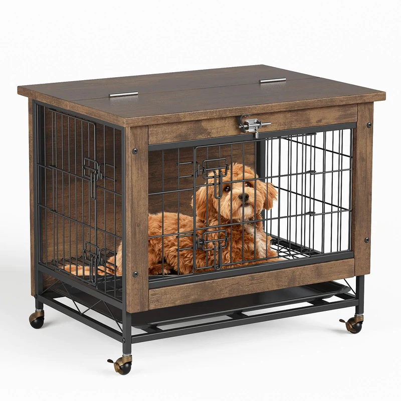 Garvee Jaula para Perros Pequeños 67x50x65cm Acero Carbono Tablero de Densidad 2 Puertas Ruedas Mueble Multifuncional Interior Hogares Color Madera