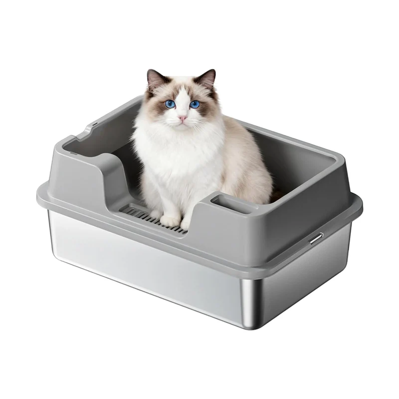 Garvee Caja de Arena para Gatos Acero Inoxidable 34L XXL con Paredes Altas y Alfombrilla Antideslizante para Hogares con Múltiples Gatos 60x40x22cm Plateado
