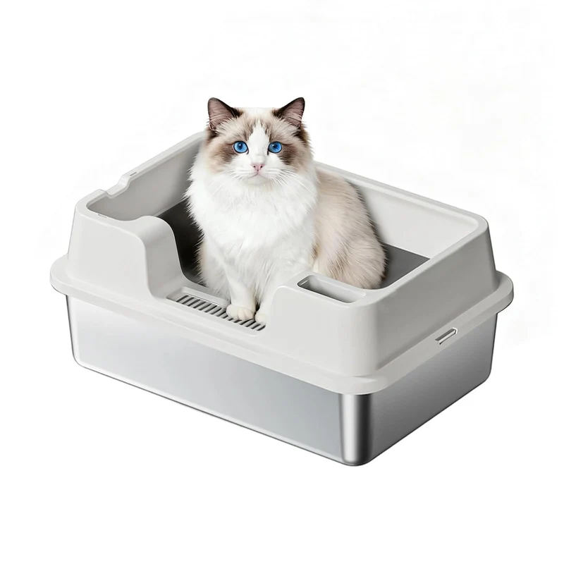 Garvee Caja de Arena para Gatos XXL de PP y Acero Inoxidable, 60x40x22cm, Paredes Altas y Antideslizante, con Pala para Arena, Beige
