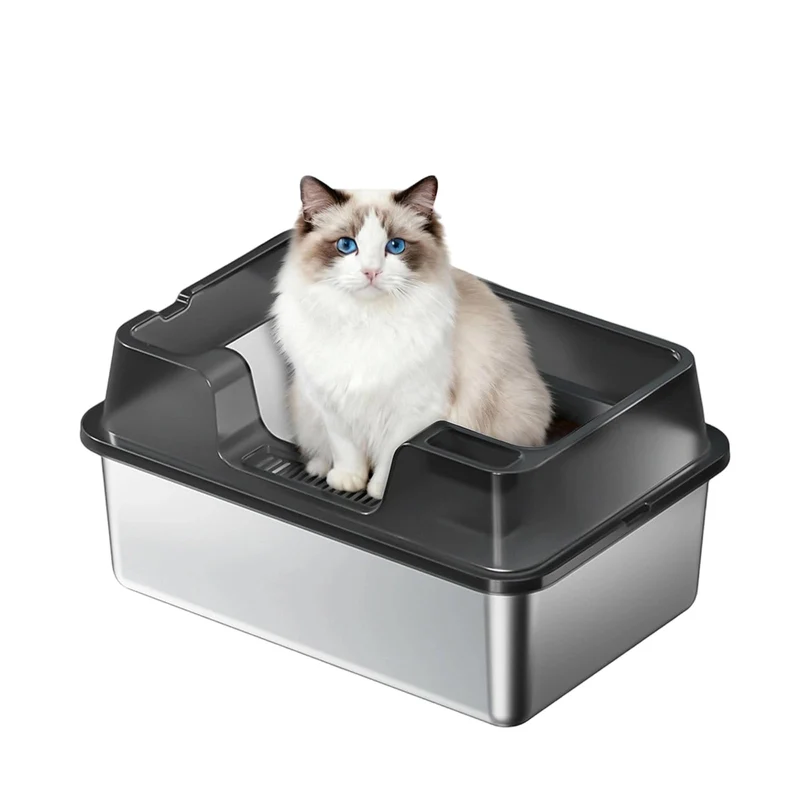 Garvee Caja de Arena para Gatos Acero Inoxidable XXL 36L con Alfombrilla Antideslizante para Hogares con Múltiples Gatos 60x40x22cm Plateado