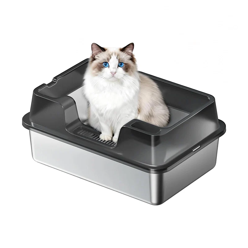 Garvee Caja de Arena para Gatos Acero Inoxidable 34L con Paredes Altas y Antideslizante para Hogares con Múltiples Gatos 60x40x22cm Negro