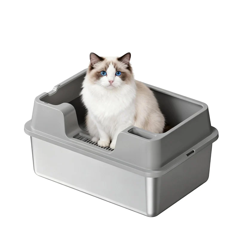 Garvee Caja de Arena para Gatos Acero Inoxidable 36L XXL con Paredes Altas y Alfombrilla Antideslizante para Hogares con Múltiples Gatos 60x40x22cm Plateado