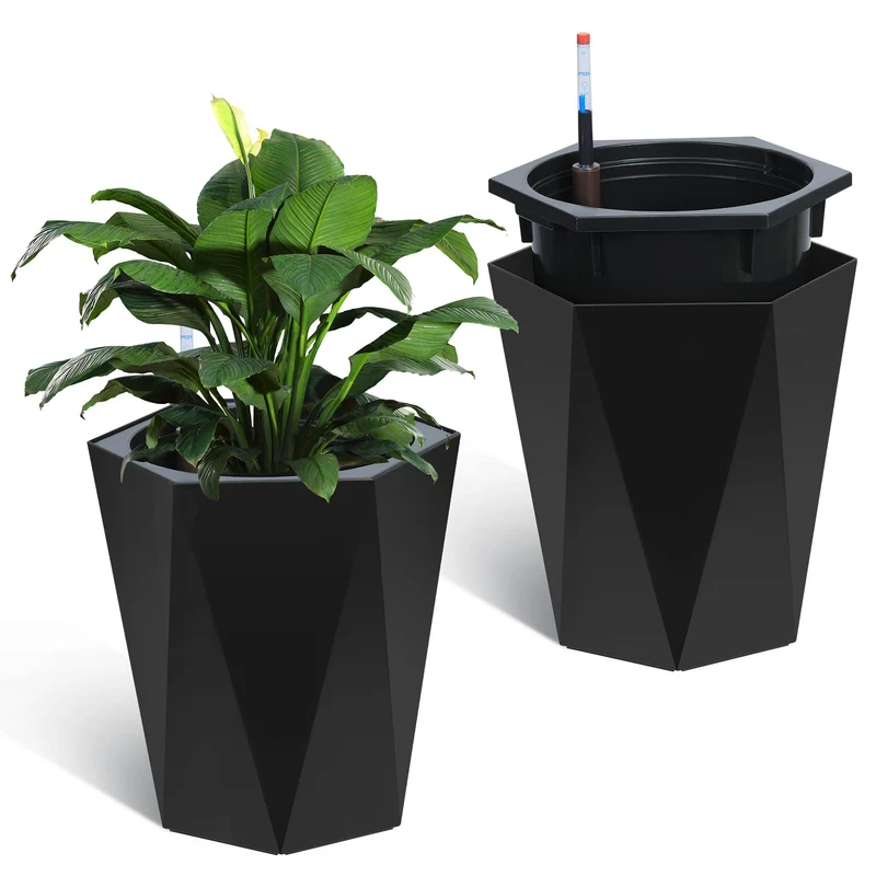 Garvee Macetas Altas para Exterior 41 cm con Sistema de Riego Automático y Ruedas, Plástico Duradero, Diseño Diamante, Blanco, Jardín y Patio