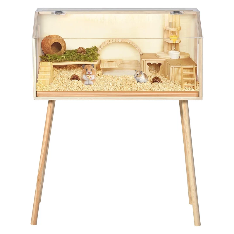 Garvee Jaula de Hamster de Madera 2 Niveles con Ventanas y Puertas, para Roedores Pequeños, 81,28x40,64x101,60cm, Color Natural