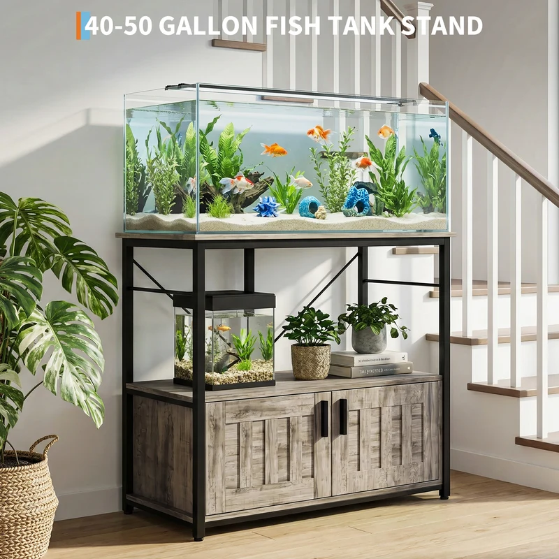 Garvee Soporte para Acuario 40-50 Galones con Gabinete, Estructura Metálica Resistente, Ajustable para Sala y Oficina, Moderno