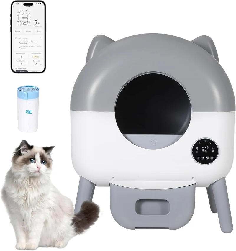 Garvee Caja de Arena Autolimpiable para Gatos 76L, con Control APP, Sensores de Seguridad, Luz LED Nocturna, Control de Olores y Rollo de Bolsas, Color Gris