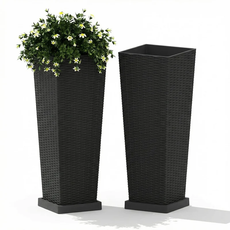 Garvee Pack 2 Maceteros Altos 81cm, Diseño Ratán con Cubeta Extraíble y Drenaje, Plástico Resistente UV para Exterior e Interior, Color Negro