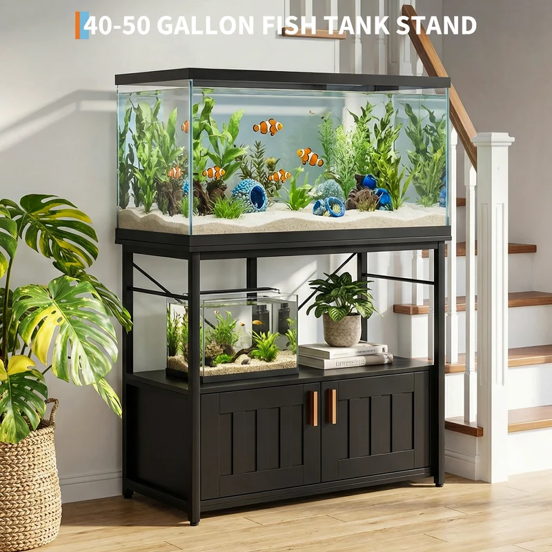 Garvee Soporte Para Acuario 40-50 Galones Con Gabinete De Almacenaje, Marco Metálico Resistente, Negro, Ideal Para Sala