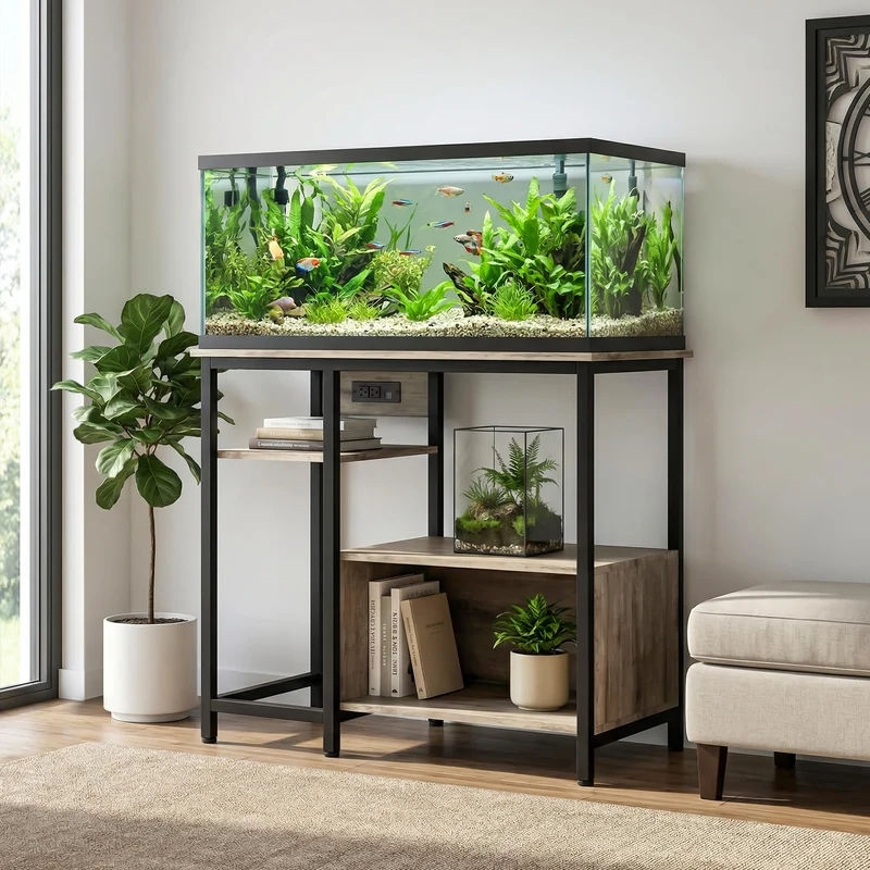 Garvee Soporte para Acuario de 40 a 50 Galones con Enchufes Integrados Mesa para Pecera y Terrario Estructura de Metal y Madera Carga Máxima de 300 kg 93x48x78 cm Gris