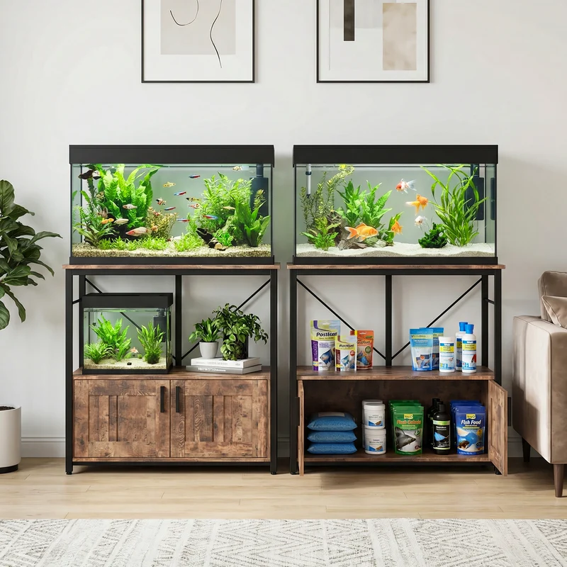Garvee Soporte Para Acuario 40-50 Galones Con Gabinete De Almacenaje, Estructura Metálica Resistente, Pies Niveladores, Sala U Oficina, Negro