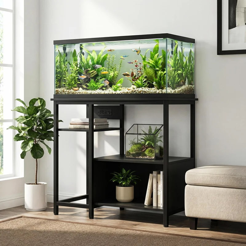 Garvee Soporte para Acuario de 40 a 50 Galones con Enchufes Integrados Mesa para Pecera y Terrario Estructura de Metal y Madera Carga Máxima de 300 kg 93x48x78 cm Negro