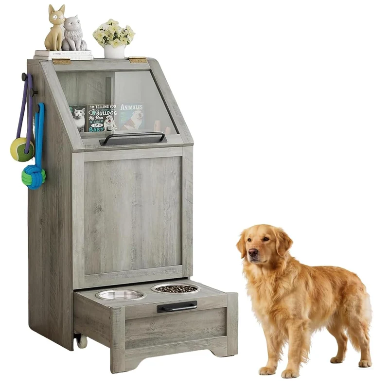 Garvee Mueble Alimentador para Perros con Contenedor de Comida, Armario de Almacenamiento de Madera con Comedero Inferior, Gris