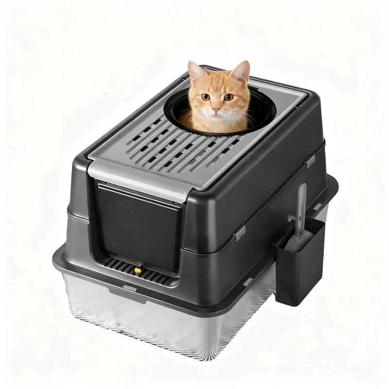Garvee Arenero para Gatos XL de Acero Inoxidable Cerrado, Caja de Arena Antiolores con Bandeja Alta 20 cm, Negro (60x40x43,5 cm)