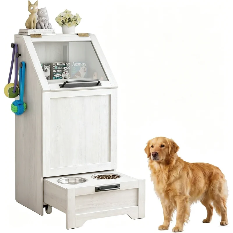 Garvee Mueble Alimentador para Perros con Contenedor de Comida, Armario de Almacenamiento de Madera con Comedero Inferior, Blanco