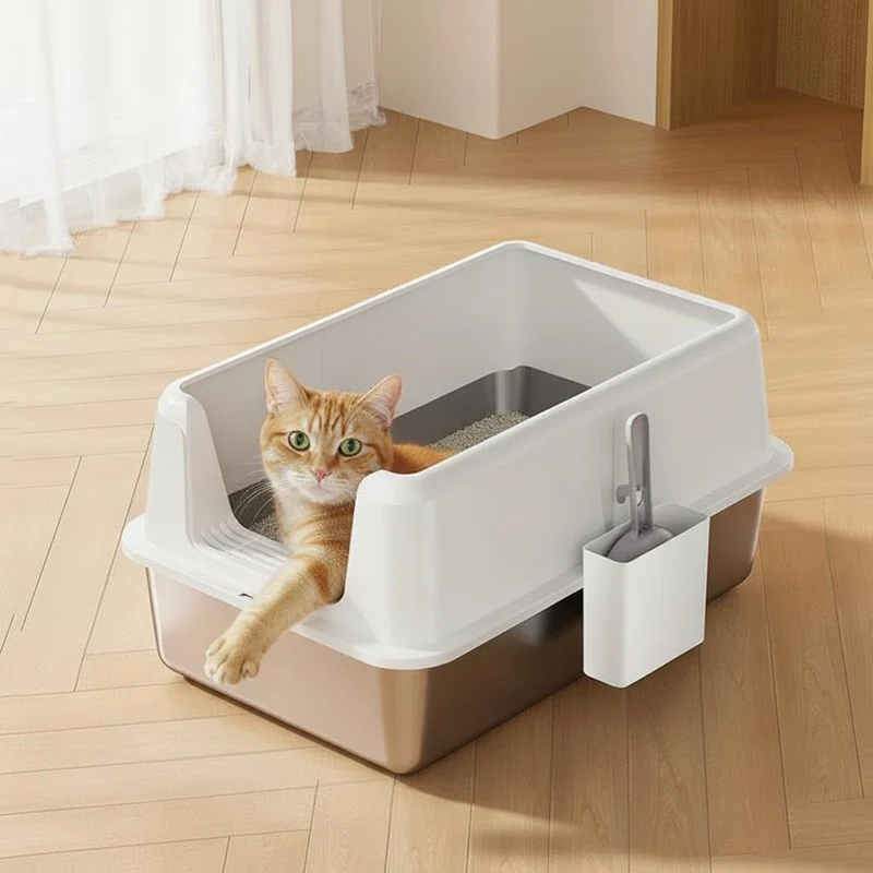 Garvee Caja de Arena para Gatos de Acero Inoxidable Antiadherente con Tapa y Pala, Gran Tamaño 23.62''L x 15.75''W x 12''H, Blanca, Ideal para Interiores