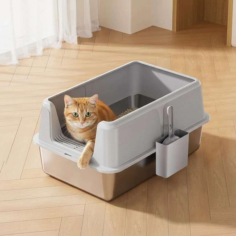 Garvee Arenero para Gatos Extra Grande de Acero Inoxidable, Bandeja Sanitaria Antifugas con Tapa Alta y Pala, Gris