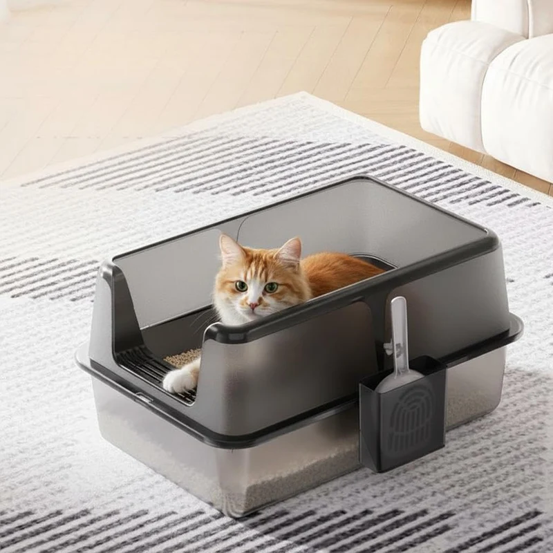 Garvee Arenero de Acero Inoxidable para Gatos, Caja de Arena Higiénica con Protector de Valla Alta y Pala, Negro