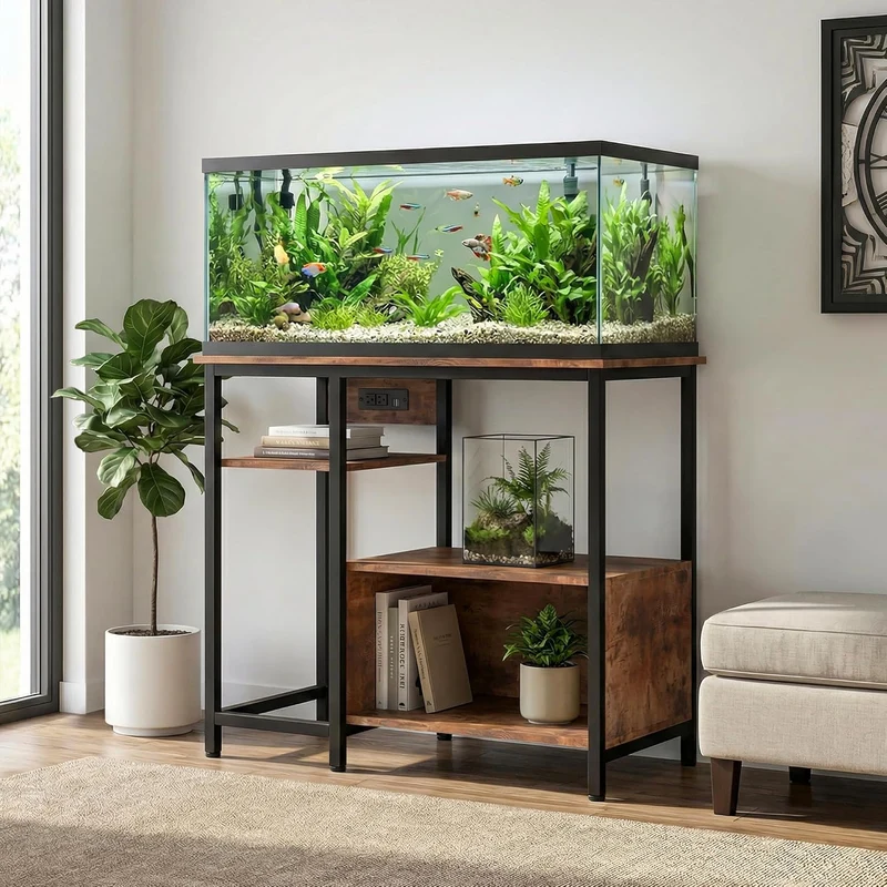 Garvee Soporte para Acuario de 40 a 50 Galones con Enchufes Integrados Mesa para Pecera y Terrario Estructura de Metal y Madera Carga Máxima de 300 kg 93x48x78 cm Marrón