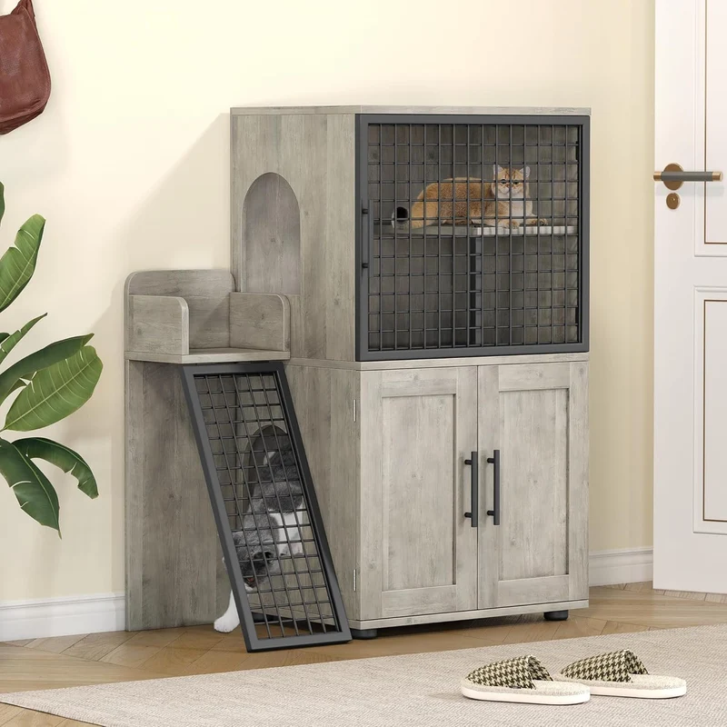 Garvee Gabinete Moderno Para Caja De Arena De Gato Con Plataforma Y Rampa, MDF Resistente, Gris, Para Sala O Dormitorio