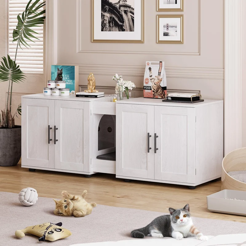 Garvee Mueble para Caja de Arena de Gato 2 Habitaciones Doble Diseño Impermeable 140 cm para Sala o Dormitorio