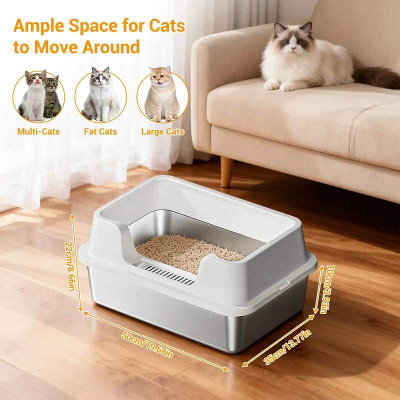 Garvee Arenero de Gato de Acero Inoxidable Talla L, con Bordes Altos y Alfombra Antideslizante, 50x35x27cm, Blanco Natural, para Hogares con Múltiples Gatos