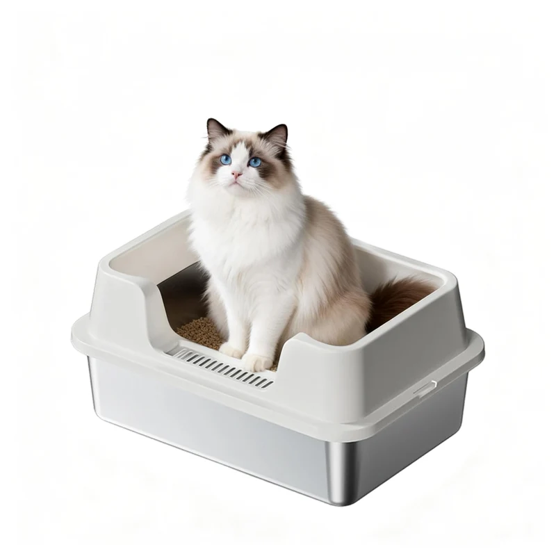 Garvee Arenero de Gato de Acero Inoxidable Talla XL, con Bordes Altos y Base Antideslizante, 50x35x22cm, Plata, para Hogares con Múltiples Gatos
