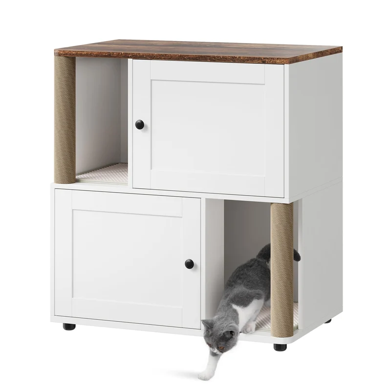 Garvee Mueble Doble para Caja de Arena de Gatos 2 Pisos con Poste Rascador Madera MDF para Sala o Balcón 80 × 50 × 88 cm