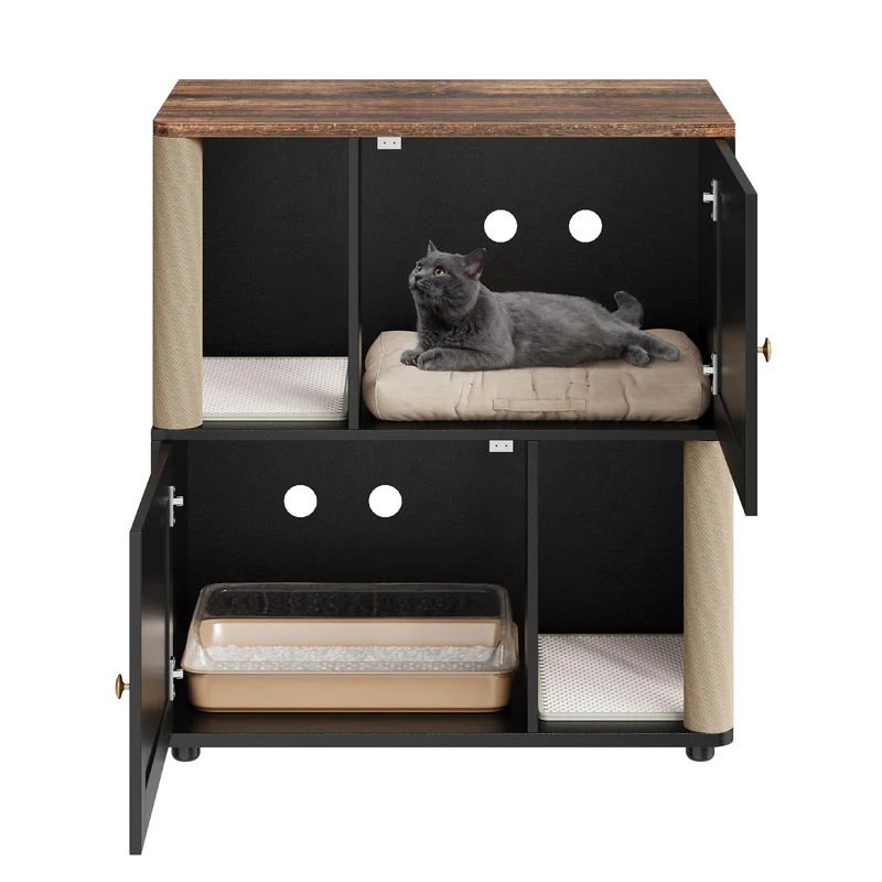 Garvee Mueble Doble para Caja de Arena de Gatos con Rascador y Cama, MDF, 2 Pisos, Entrada Curva, Sala y Balcón, 31.5in x 19.7in x 34.6in, Natural