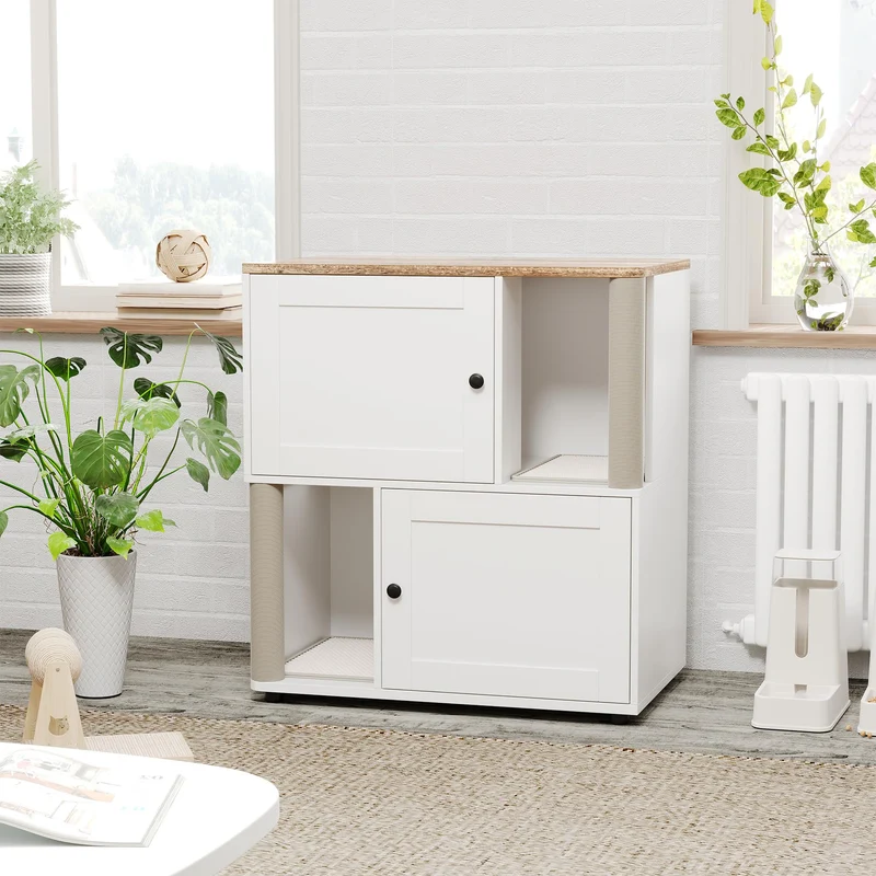 Garvee Mueble Doble para Caja de Arena de Gato con 2 Pisos y Poste Rascador, Madera MDF, para 2 Gatos, Sala y Balcón, Entrada Divertida, 80 × 50 × 88 cm, Natural