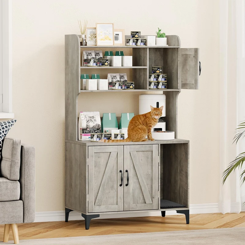 Garvee Mueble Enclosure para Caja de Arena de Gato con Estantes, Gabinete Oculto, Gris, Para Gatos Pequeños, Madera Resistente, Almacenamiento Interior