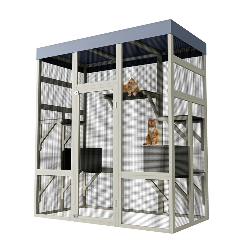 Garvee Catio Exterior Para Gatos 70'' Con Plataformas Y Condos, Techo Impermeable Y UV, Madera De Cedro, Malla Metálica Resistente, Refugio Seguro Al Aire Libre