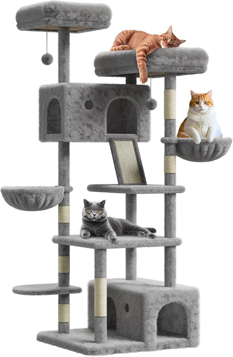 Garvee Kratzbaum Para Gatos Grandes Con Múltiples Niveles, Sisal, Plataformas, Hamaca, Base Estable, Interior, 60x60x167cm