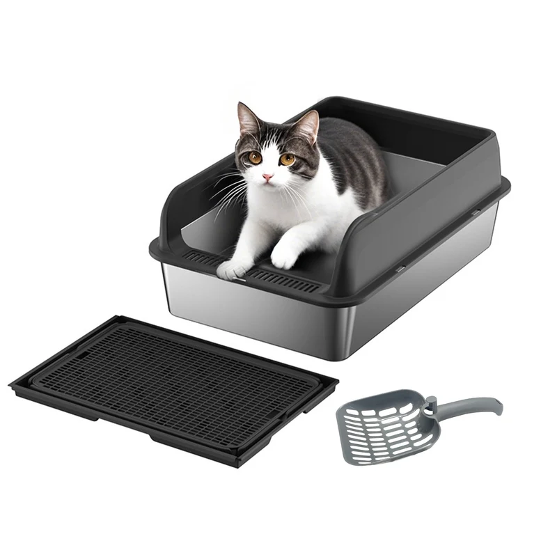 Garvee Arenero para Gatos de Acero Inoxidable de 60cm con Valla Alta y Alfombrilla, Caja de Arena Grande Antisalpicaduras para Mascotas en Casa, Negro