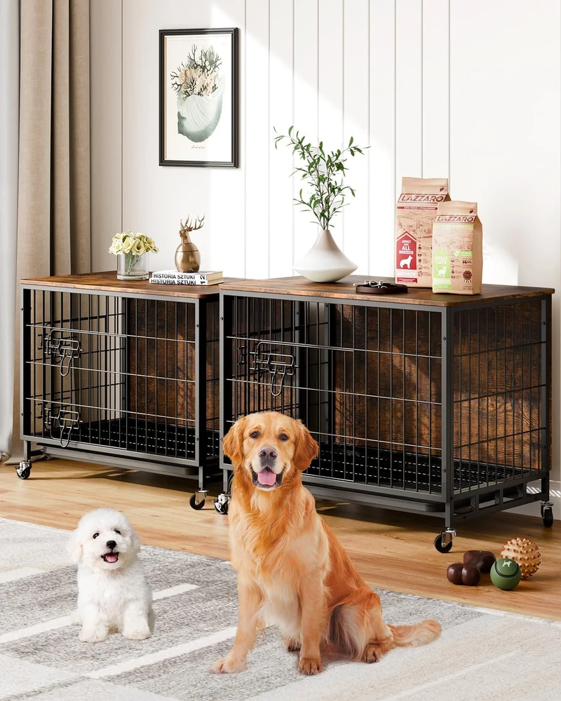 Garvee Mueble Jaula para Perro 83 cm Madera con Doble Puerta y Ruedas para Perros Medianos, Resistente y Multifuncional, Madera Particulada, Ventilación y Movilidad