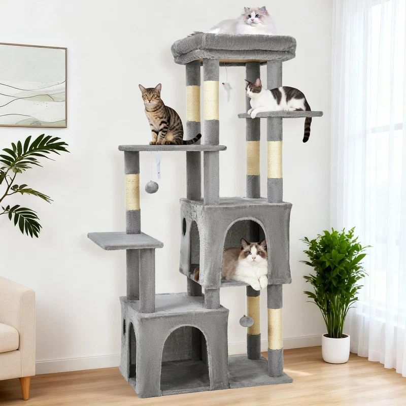 Garvee Árbol para Gatos Multi-Niveles 155 cm para Gatos Grandes, Torre Resistente con Percha Extra Grande, Gris Claro