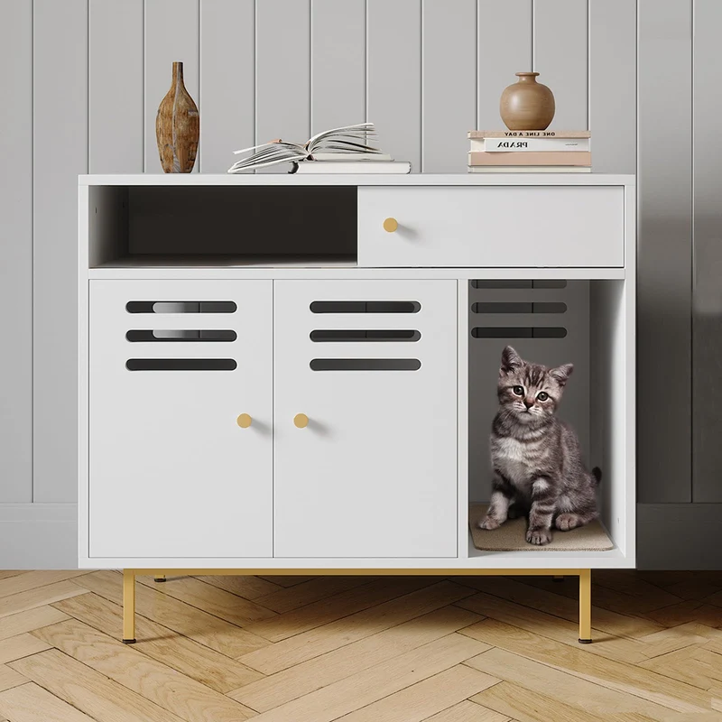 Garvee Mueble Escondite para Caja de Arena de Gato con Almacenamiento y Rascador, Metal y Madera, Interior y Sala, 80 × 50 × 67 cm, Color Natural
