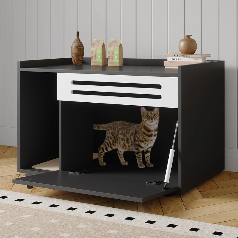Garvee Mueble Para Caja De Arena De Gato - Madera Resistente - Negro - Interior - Apertura Abatible - Espacio Privado Para Mascotas