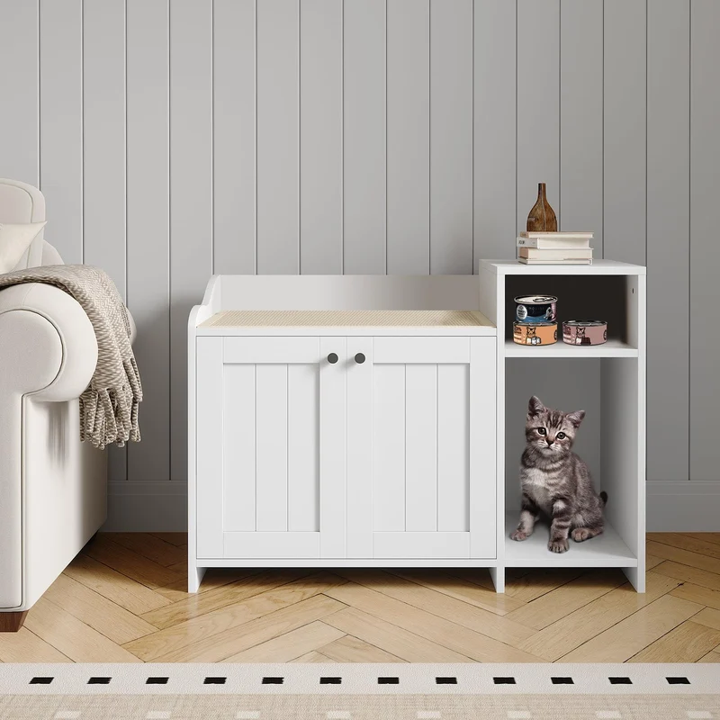 Garvee Caja de Arena para Gatos con Estante y Puerta de Granero de Madera, Gabinete Oculto, Mesa Auxiliar, Para Interiores, Diseño Rústico, Material Madera