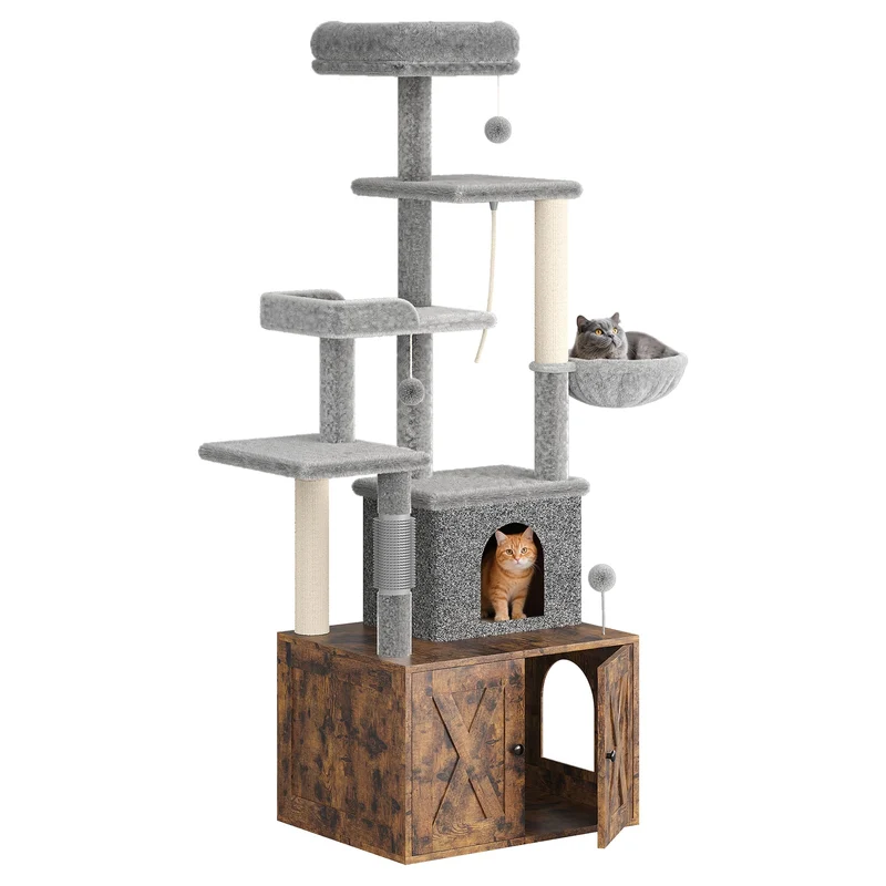 Garvee Enclosure para Caja de Arena y Árbol para Gatos 2 en 1, Torre Moderna con Rascador y Hamaca, Madera, Marrón Rústico, Mueble para Interior