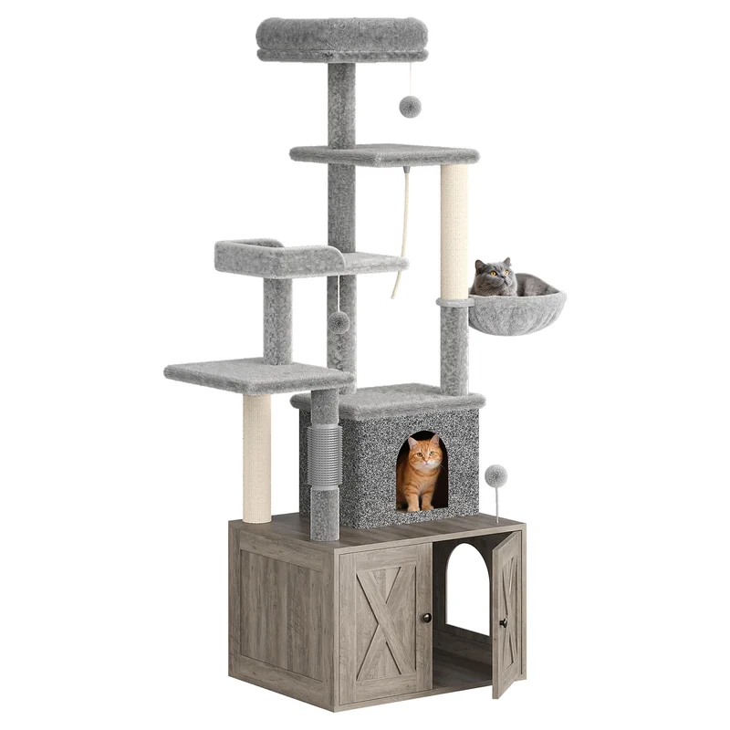 Garvee Enclosure para Caja de Arena y Árbol para Gatos 2 en 1, Torre Moderna con Poste Rascador y Hamaca, Madera, Plata, Interior, Multiuso