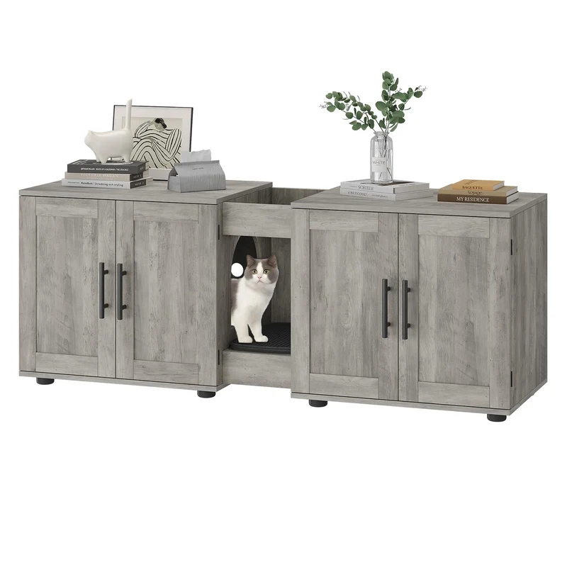Garvee Caja de Arena para Gatos Doble con Almacenaje Integrado, Diseño de Madera, Hogar, Gris, 140×45×57 cm