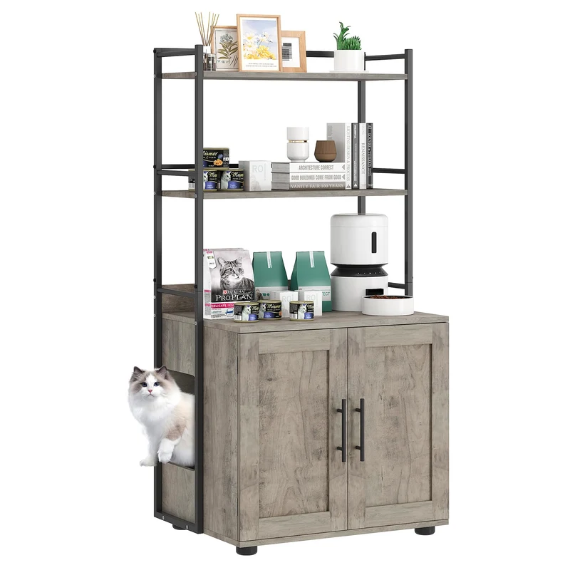 Garvee Mueble Para Caja De Arena De Gato Con 3 Estantes Y Almacenamiento, Diseño Oculto, MDF E Hierro, Gris, Interior Hogar